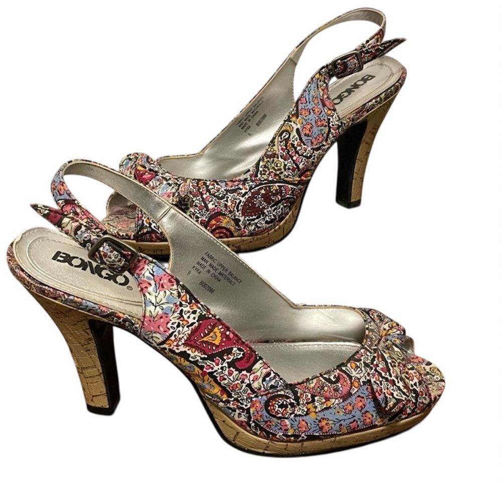 Vintage Women’s Bongo Kyra Slingback Peep Toe Paisley Heels Shoes Multicolor 9